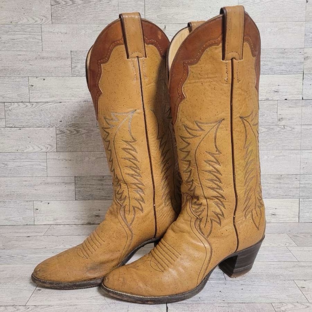 Vintage 1960's Justin Brown Stitched Leaf Overlay Tall Cowboy Boots Women’s 9 B